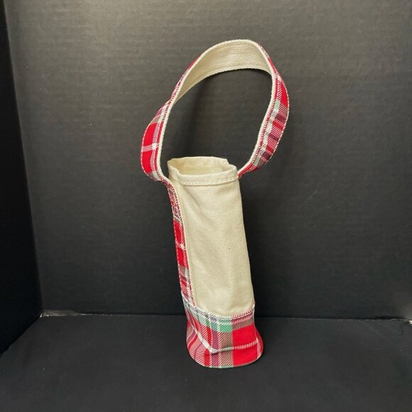 Lands' End Wine Bottle Tote Bag Ivory Canvas w/ Red & Green Plaid - Picture 2 of 5